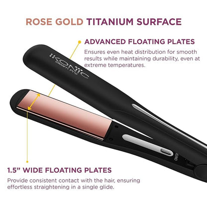 Ikonic Professional Gleam Pro Hair Straightener For Women, 1.5 Inch Titanium Rose Gold Floating Plates,Digital Temperature Control 150°C-230°C , Instant Heat-Up , Auto Shut-Off Safety, Professional Salon Hair Styling Tool, Black