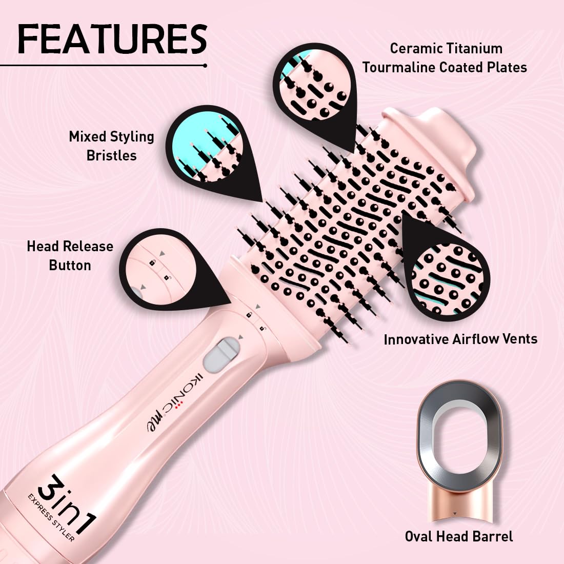 Ikonic Me 3-In-1 Express Styler Hot Air Brush For Women, 1200W Hair Dryer Brush With 1.5-Inch Ceramic Titanium Tourmaline Barrel, Blow Dryer, Hair Straightener, Volumizer Brush, Fast Drying, Frizz-Free Styling, Pink