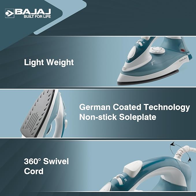 Bajaj Plastic Mx 3 Neo Steam Iron| 1250 Watts Power For Faster Ironing| Vertical & Horizontal Ironing| Spray Function| Anti-Bacterial & Non-Stick Soleplate Coating| 2-Yr Warranty By Bajaj| Blue