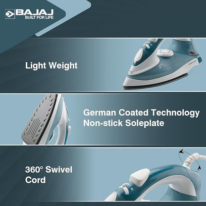 Bajaj Plastic Mx 3 Neo Steam Iron| 1250 Watts Power For Faster Ironing| Vertical & Horizontal Ironing| Spray Function| Anti-Bacterial & Non-Stick Soleplate Coating| 2-Yr Warranty By Bajaj| Blue