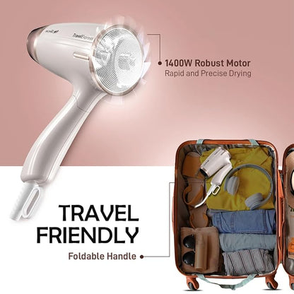 Ikonic Travel Express Foldable Hair Dryer Adustable Two Speed Setting Fast Drying 1400Watt, Compact Design Travel Friendly, All Hair Type, For Men & Women, White