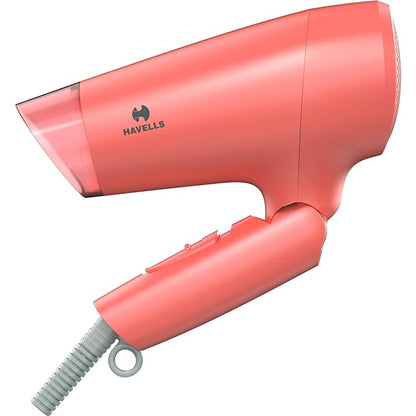 Havells HD2222 1200 Watts Foldable & Travel Friendly Hair Dryer, 3 Heat (Hot/Cool/Warm) Settings, with Overheat Protection (Coral)