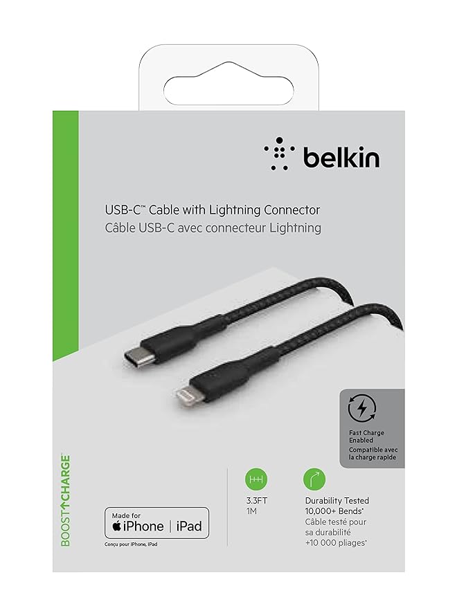 Belkin Apple Certified Braided Lightning to USB-C Charge and Sync Type C Cable, Tough and Durable, For iPhone, iPad, Air Pods, 3.3 Feet (1 Meter) - Black