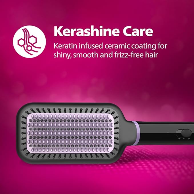 PHILIPS Hair Straightener Brush With Careenhance Technology - Thermoprotect I Keratin Ceramic Bristles I Triple Bristle Design I Everyday Styling | Frizz Free Bouncy Straight Hair In 5 Mins*| Bhh880/10,Black