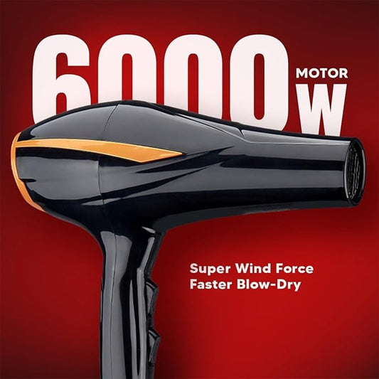 SHINON SH-9910 Professional Hair Dryer 6000 Watts 3 Heat Setting (Hot/Cool/Warm) 2 Speed Setting with Styling Nozzle Concentrator, Diffuser & Comb Nozzle, 2 Combs Styling Tool cool & hot Air, Black