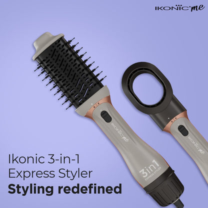 Ikonic Me 3-In-1 Express Styler Hot Air Brush For Women, 1200W Hair Dryer Brush With 1.5-Inch Ceramic Titanium Tourmaline Barrel, Blow Dryer, Hair Straightener, Volumizer Brush, Fast Drying, Frizz-Free Styling, Grey