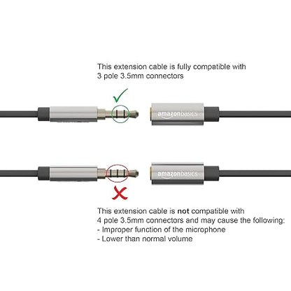 Amazon Basics Male to Female Stereo Audio Cable (Aux Extension Cable) with Gold Plated Connectors- 6 Feet (3.5mm) - Does not support mic