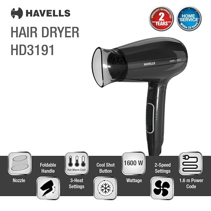 Havells 1600W Unisex Foldable Hair Dryer | 2 Heat Settings with Cool Shot (Hot/Warm) | Heat Balance Technology | Midnight Black | Your perfect Blow dry companion for Effortless Hair Styling | HD3191