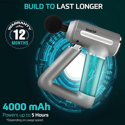 beatXP Bolt Elite Deep Tissue Massage Gun with Hard Carrying Case Cordless Massager for Full Body Pain Relief for Athletes, Gym Professional, 1 Year Warranty,Corded Electric, Glossy Silver