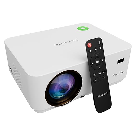 ZEBRONICS PIXAPLAY 65, Android Projector, 8500 Lumens, 4K Support, 200 Inch Screen Size, Electronic Focus, Built-in Speaker, Bluetooth, HDMI, USB, WiFi, AUX, 1080p Native, Miracast