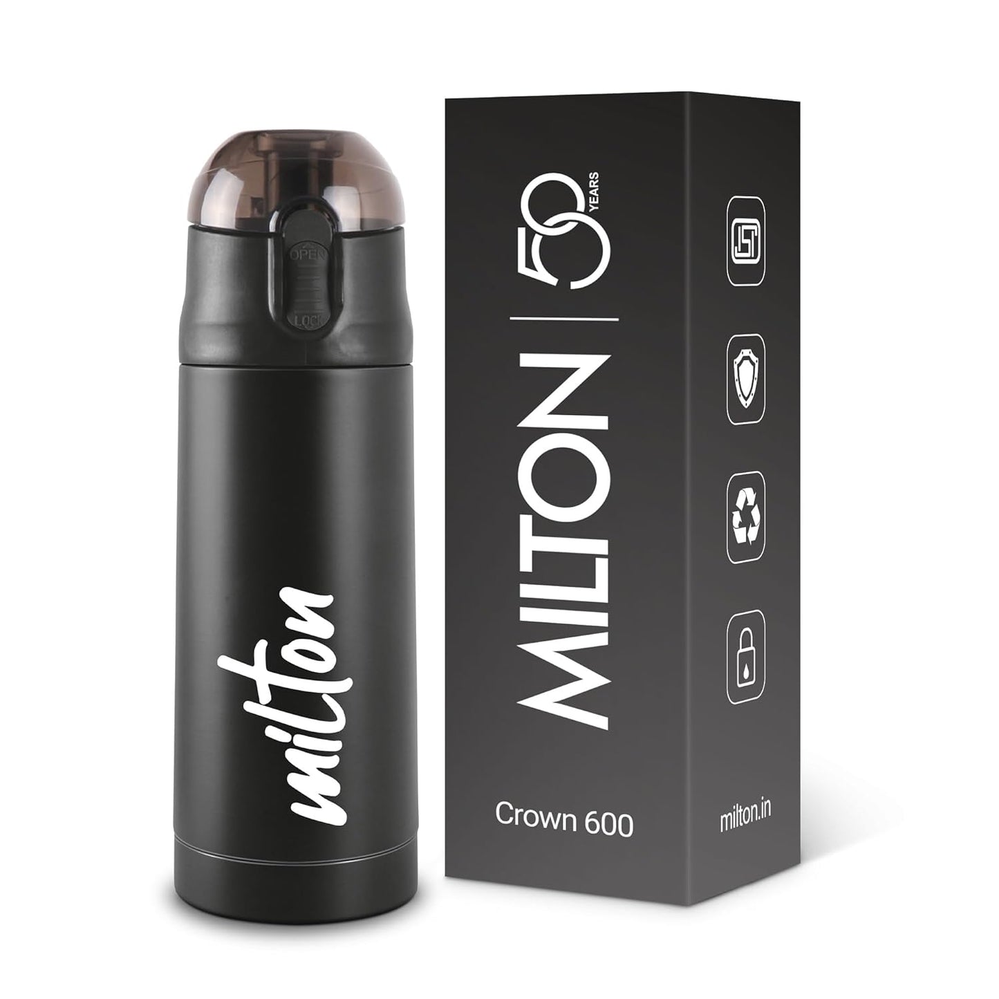 Milton New Crown 400 Thermosteel Water Bottle 350 ml with One Touch Safety Lock, 24 Hours Hot and Cold, Leak Proof Lid, ISI Certified I Vacuum Insulated I for Office, Gym, School I Silver