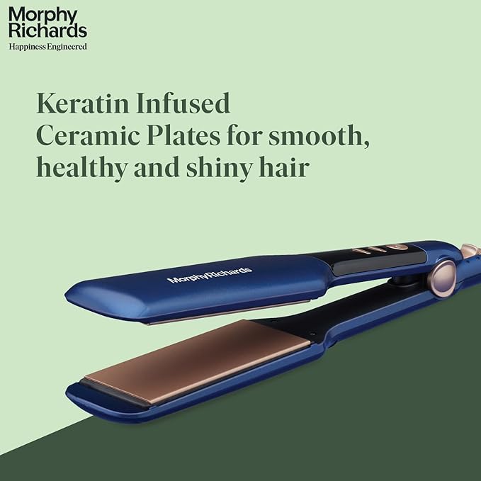 Morphy Richards Keraflow HS4501 Keratin Wide Plate Digital Hair Straightener | Floating Keratin Ceramic Plates | 9 Temp Settings | 2-Yr Warranty By Brand | Blue & Rose Gold