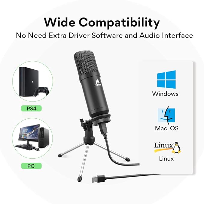 Maono AU-A04TR USB Condenser Cardioid Microphone Kit with Tripod for Podcast, PC, Gaming, Recording, YouTube, Vlogging