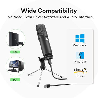 Maono AU-A04TR USB Condenser Cardioid Microphone Kit with Tripod for Podcast, PC, Gaming, Recording, YouTube, Vlogging