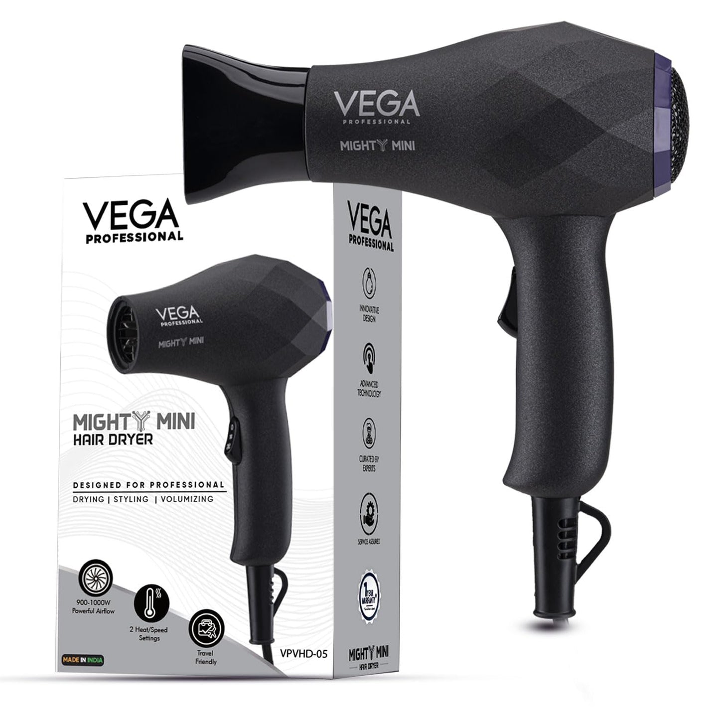 VEGA PROFESSIONAL Mighty Mini 1000W Hair Dryer for Men & Women with 2 Heat/Speed Settings and Tourmaline Technology, Black (VPVHD-05)