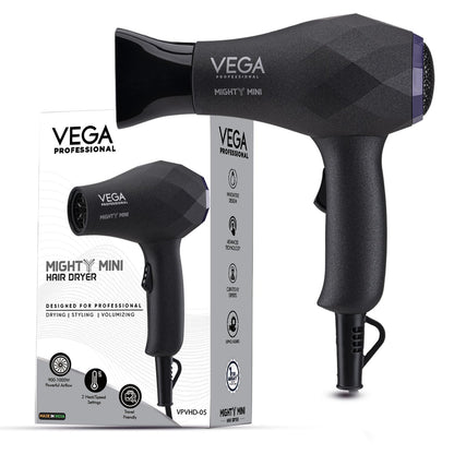 VEGA PROFESSIONAL Mighty Mini 1000W Hair Dryer for Men & Women with 2 Heat/Speed Settings and Tourmaline Technology, Black (VPVHD-05)