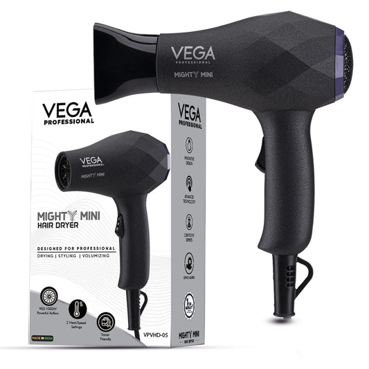 VEGA PROFESSIONAL Mighty Mini 1000W Hair Dryer for Men & Women with 2 Heat/Speed Settings and Tourmaline Technology, Black (VPVHD-05)