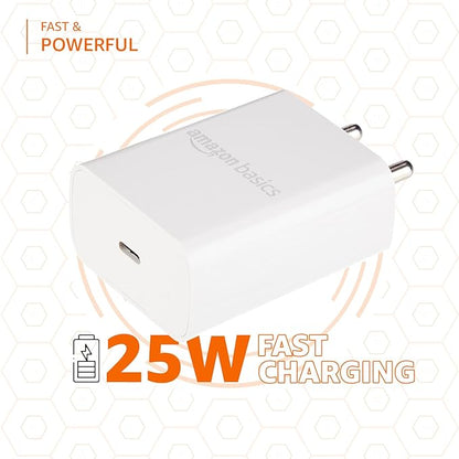 Amazon Basics 25W Compact Wall Charger | Type-C Fast Charging Adapter for Samsung, Xiaomi Phones and iPhone (White, Without Cable)