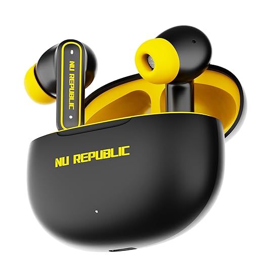 Nu Republic Epic ANC TWS Earbuds with Upto 64 hrs Playtime, 13mm Neodymium Driver, XBass® Technology, ANC + ENC Quad Mics, Hall Sensor Function, Dual Mode (Game/Music), Fast Charging - (Black/Yellow)