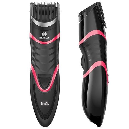Havells BT9009 Digital Display Beard Trimmer; Extra wide Titanium Blade for faster cutting; Fast Charge Allows 30 + Trims; 19 Built-in Precise Lengths (Black & Red)