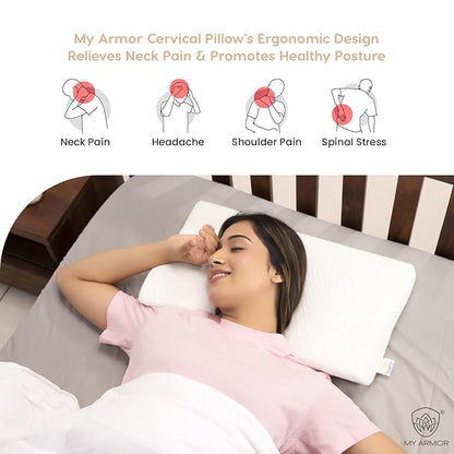 MY ARMOR Cervical Pillow for Neck Pain and Shoulder Pain for Sleeping | 2 Years Warranty | Memory Foam Pillow with Dual - Pack of 1 - White