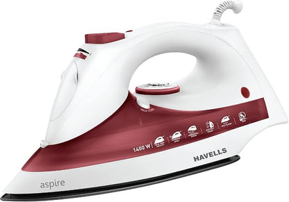 Havells ABS Aspire 1400 Watt Steam Iron Press With Precision Tip Sole Plate, Horizontal/Vertical Steam Burst, Self-Cleaning Function | Steam Burst | Anti Drip Function (Red), 1400 Watts