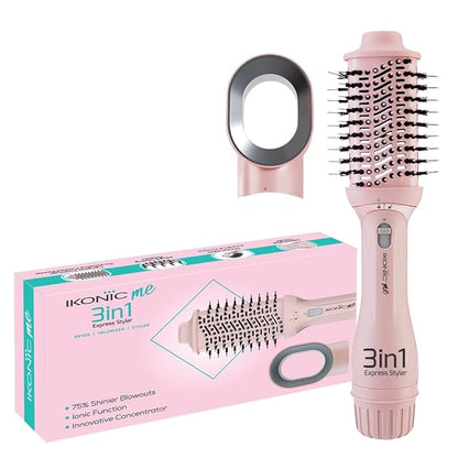 Ikonic Me 3-In-1 Express Styler Hot Air Brush For Women, 1200W Hair Dryer Brush With 1.5-Inch Ceramic Titanium Tourmaline Barrel, Blow Dryer, Hair Straightener, Volumizer Brush, Fast Drying, Frizz-Free Styling, Pink
