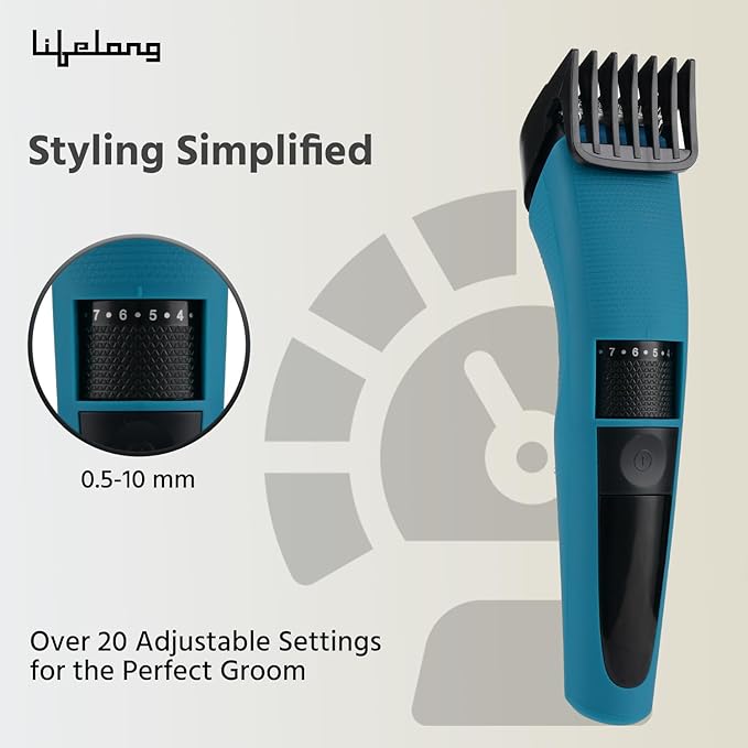 Lifelong Battery Powered Trimmer | 1 Year Warranty | Trimmer for Men, 60 Min Runtime, 20 Length Settings, Hair & Beard Trimmer, Stainless Steel Blades (LLPCM107, Blue)