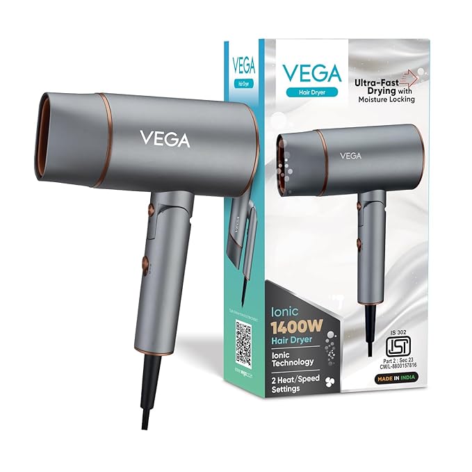 Vega Ionic 1200-1400W Hair Dryer for Men & Women with Ionic Technology & Cool Shot Button, 2 Heat/Speed Setting, Faster Drying, Foldable Hair Dryer, (VHDH-28)