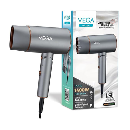 Vega Ionic 1200-1400W Hair Dryer for Men & Women with Ionic Technology & Cool Shot Button, 2 Heat/Speed Setting, Faster Drying, Foldable Hair Dryer, (VHDH-28)