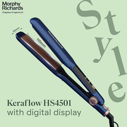 Morphy Richards Keraflow HS4501 Keratin Wide Plate Digital Hair Straightener | Floating Keratin Ceramic Plates | 9 Temp Settings | 2-Yr Warranty By Brand | Blue & Rose Gold