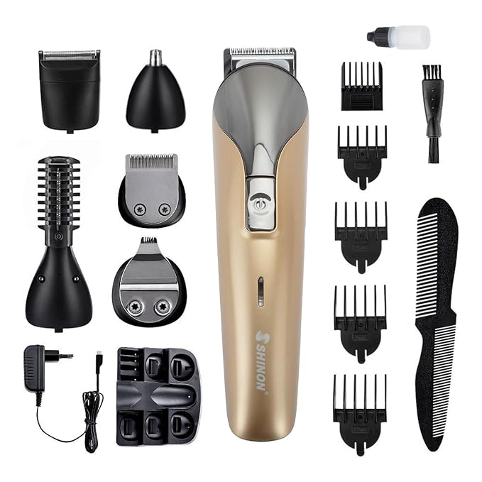 Shinon Men Shiinon Sh-1711 6-In-1,Face,Hair And Body-Multi Grooming Kit,Hair Trimmer,Beard Trimmer,Ear&Nose Trimmer Head Shaver Full Body Grooming Kit,With Charging Adaptor,Runtime 120 Mins,Gold