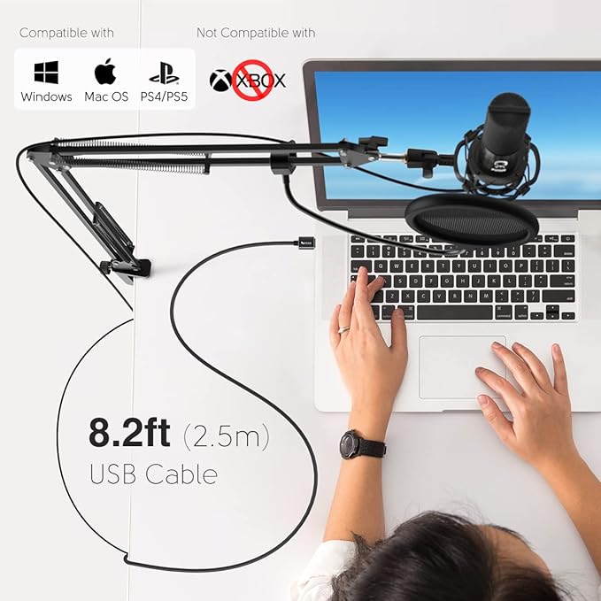 FIFINE T669 Condenser USB Microphone Kit with Adjustable Scissor Arm Stand Shock Mount for PC and MAC Only (Does not Work with Mobile)