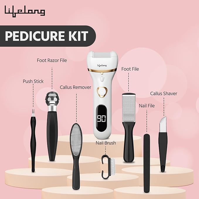 Lifelong Callus Remover For Feet With Pedicure Kit, Callus Remover For Feet Electronic, Callusremover, 3 Roller Heads, 2 Speeds & Rechargeable Battery Display, Foot Callus Filer(LLPCW105, White)