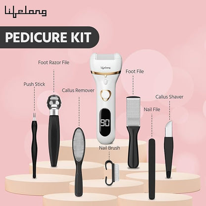 Lifelong Callus Remover For Feet With Pedicure Kit, Callus Remover For Feet Electronic, Callusremover, 3 Roller Heads, 2 Speeds & Rechargeable Battery Display, Foot Callus Filer(LLPCW105, White)