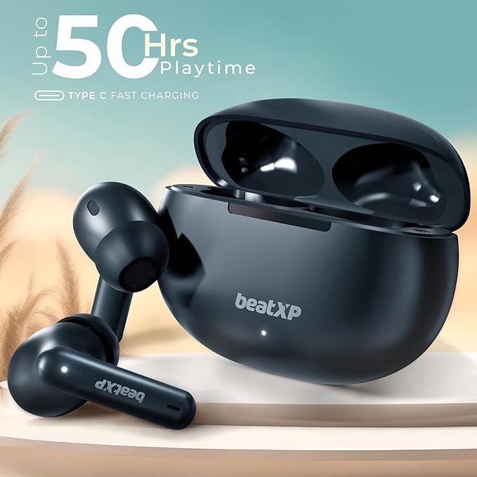 BeatXP Tune XPods Bluetooth TWS in Ear Earbuds with 50H Playtime, Quad Mic ENC Tech, Low Latency, Type C Earphone with 10mm Drivers, IPX5 Water Resistance, BT 5.3, Touch Control (Black)