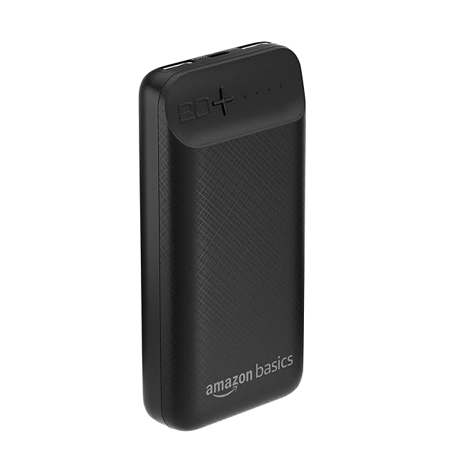 Amazon Basics 20000mAh 12W Lithium-Polymer Power Bank | Dual Input, Dual Output | Black, Type-C Cable Included