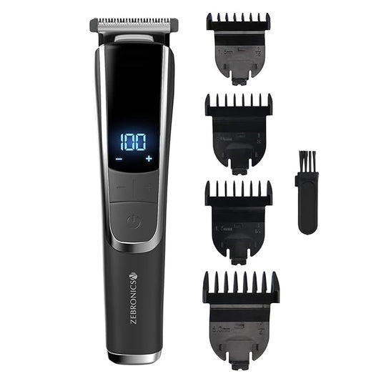 Zebronics ZEB-HT102 Cordless/Cord Use Trimmer up To 120mins Backup, USB Fast Charge, LED Display, 3 Speed Modes, Rounded Tip Stainless Steel Blade, 4 Guide Combs, Washable Attachments and ABS, Black