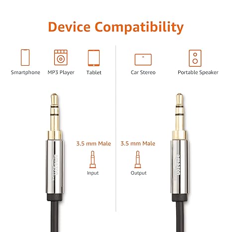 Amazon Basics Male to Male Stereo Audio Aux Cable with Gold Plated Connectors Tablet, Smartphone 4 Feet