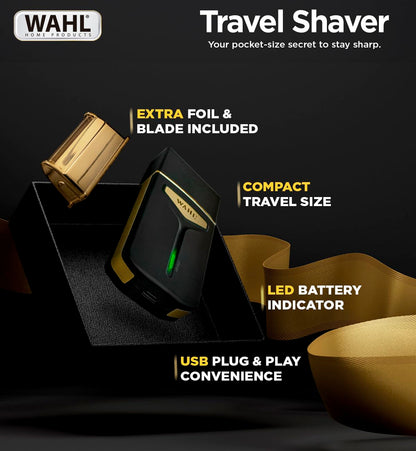 Wahl Travel Shaver USB, 0.4 mm cutting length, 45 minutes run time, Perfect travel companion with USB charging facility, Extra Cutting blade and foil to move along the contours, Black & Gold - 3025441IN