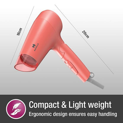 Havells HD2222 1200 Watts Foldable & Travel Friendly Hair Dryer, 3 Heat (Hot/Cool/Warm) Settings, with Overheat Protection (Coral)