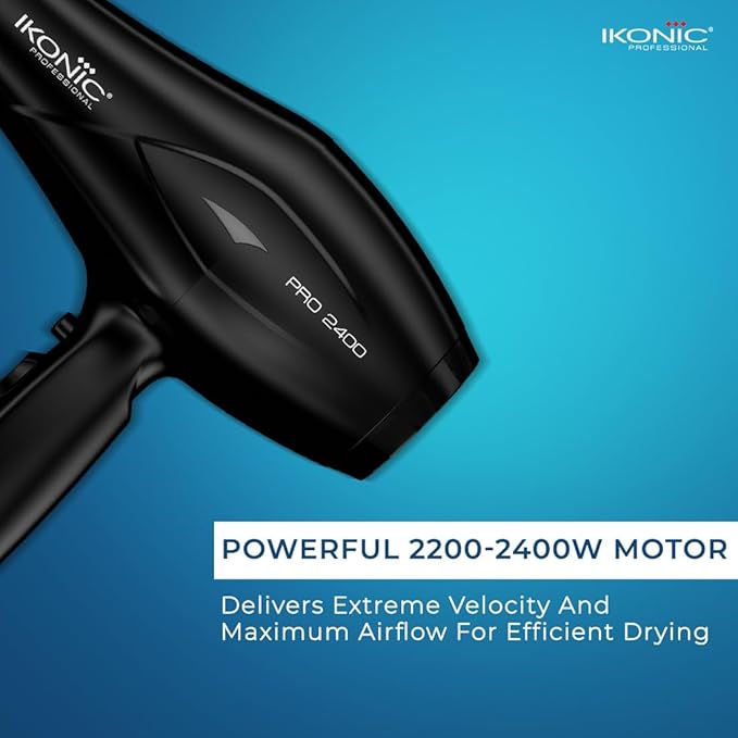 Ikonic 2400 Professional Hair Dryer, Black, 2200W with Powerful AC motor, 2 speed and 3 heat settings with Cool shot, 2 Interchangeable Nozzles, Hang up loop, Control Frizz, All Hair Type