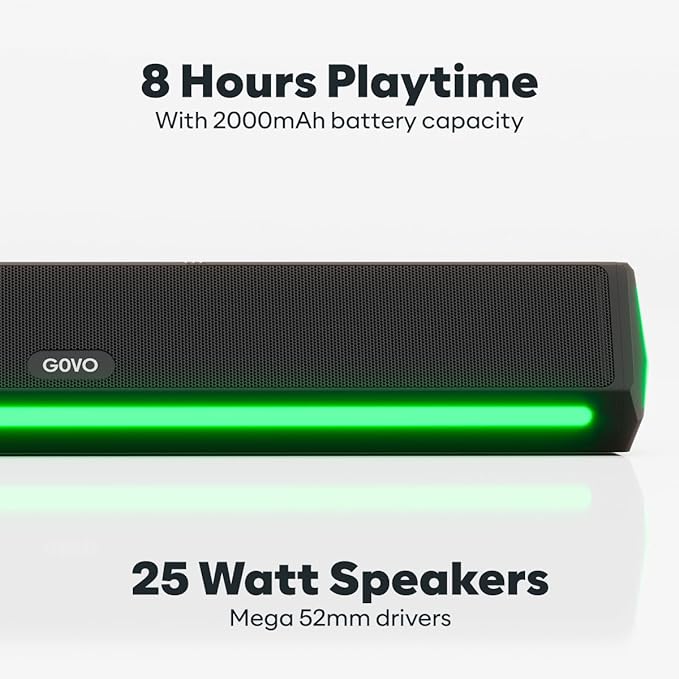 GOVO Gosurround 300 | 25W Bluetooth SoundBar, 2000 Mah Battery, 2.0 Channel with 52Mm Drivers, Multicolor Led Lights with TWS, Aux, Bluetooth and USB (Platinum Black)