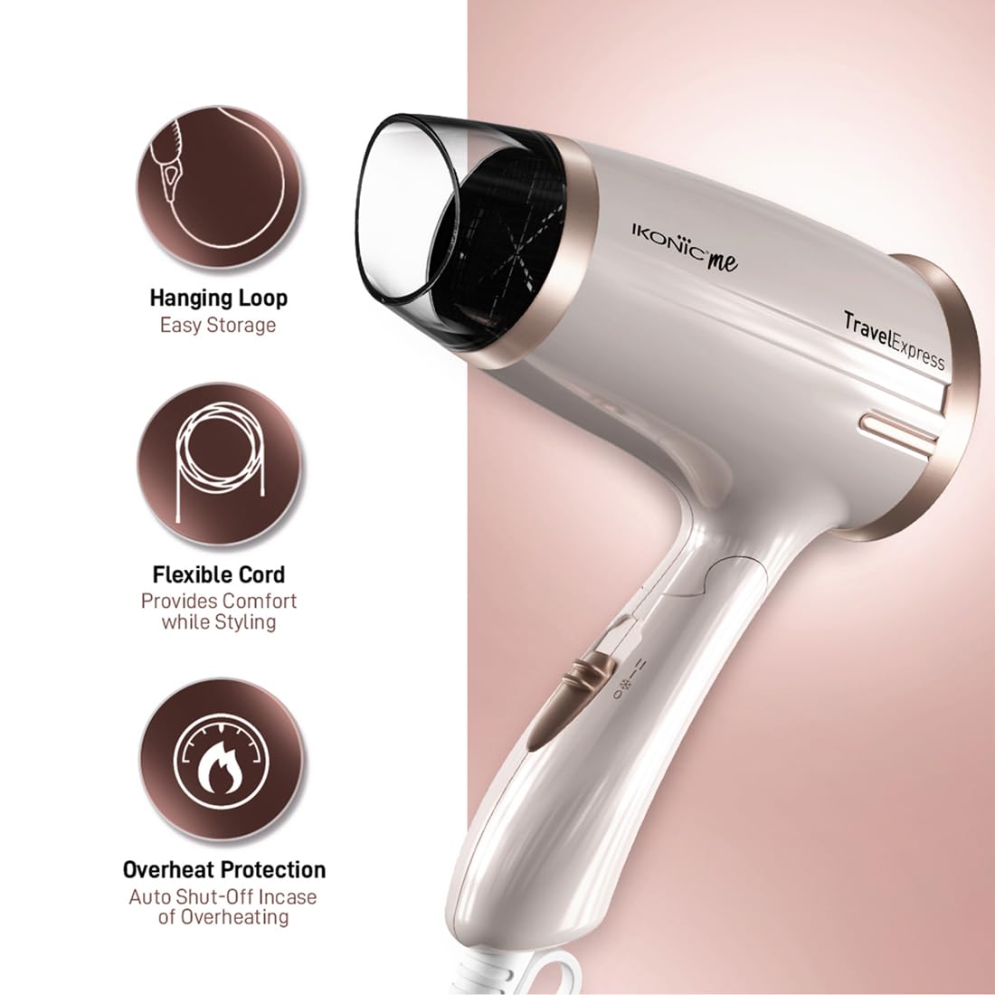 Ikonic Travel Express Foldable Hair Dryer Adustable Two Speed Setting Fast Drying 1400Watt, Compact Design Travel Friendly, All Hair Type, For Men & Women, White
