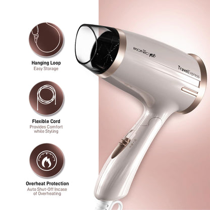 Ikonic Travel Express Foldable Hair Dryer Adustable Two Speed Setting Fast Drying 1400Watt, Compact Design Travel Friendly, All Hair Type, For Men & Women, White