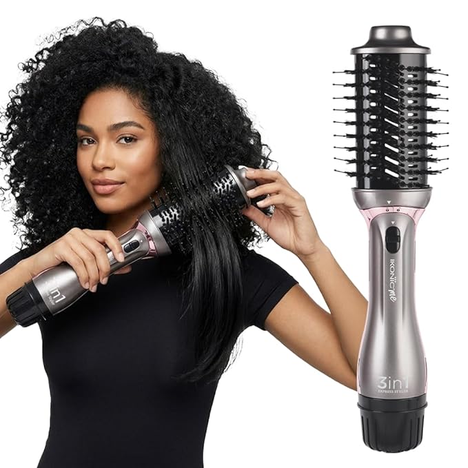 Ikonic Me 3-In-1 Express Styler Hot Air Brush For Women, 1200W Hair Dryer Brush With 1.5-Inch Ceramic Titanium Tourmaline Barrel, Blow Dryer, Hair Straightener, Volumizer Brush, Fast Drying, Frizz-Free Styling, Grey