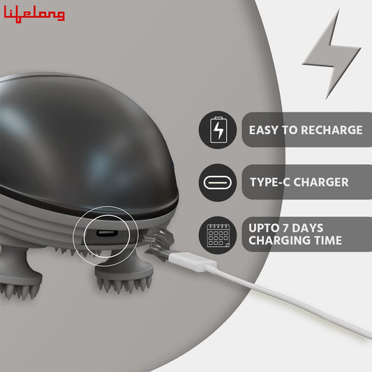 Lifelong Rechargeable Electric Head & Scalp Kneading Massager, 4 Speed Modes, Handheld Portable Head Massager for Hair Growth, Deep Clean and Stress Relieving, (LLM603, Black)