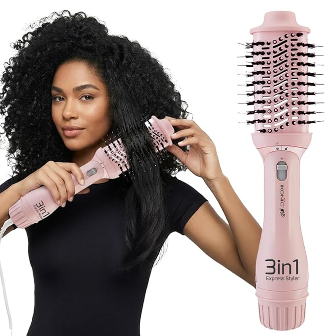 Ikonic Me 3-In-1 Express Styler Hot Air Brush For Women, 1200W Hair Dryer Brush With 1.5-Inch Ceramic Titanium Tourmaline Barrel, Blow Dryer, Hair Straightener, Volumizer Brush, Fast Drying, Frizz-Free Styling, Pink
