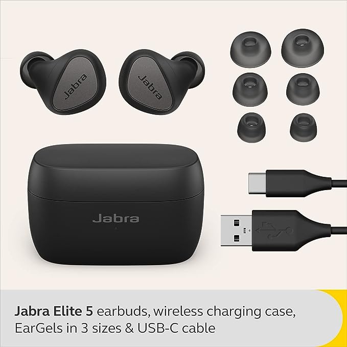 Jabra Elite 5 True Wireless in Ear Bluetooth Earbuds with Active Noise Cancellation, 6 Built-in Microphones for Clear Calls, Dual Pairing & Microsoft Swift Pair for Windows Devices - Titanium Black