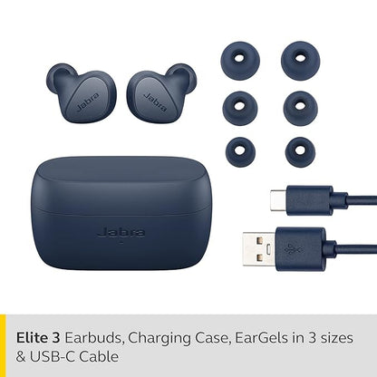 Jabra Elite 3 in Ear Bluetooth Truly Wireless in Ear Earbuds with mic, Noise Isolating for Clear Calls, with Fast Charging & Up to 28Hrs, Rich Bass, Customizable Sound, Mono Mode-Navy